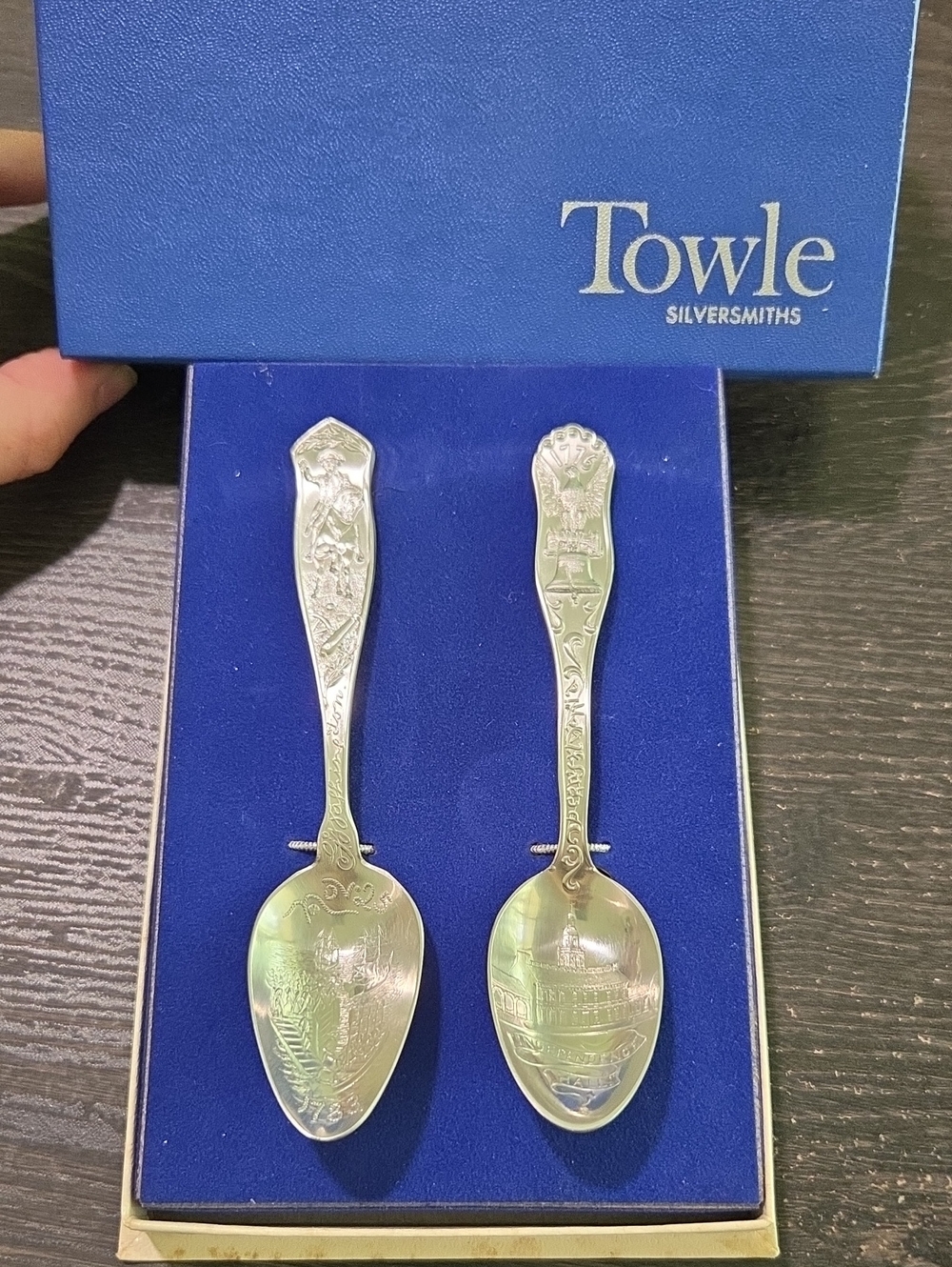 Towle Silver-Tone Decorative Souvenir Spoons with Blue Presentation Box